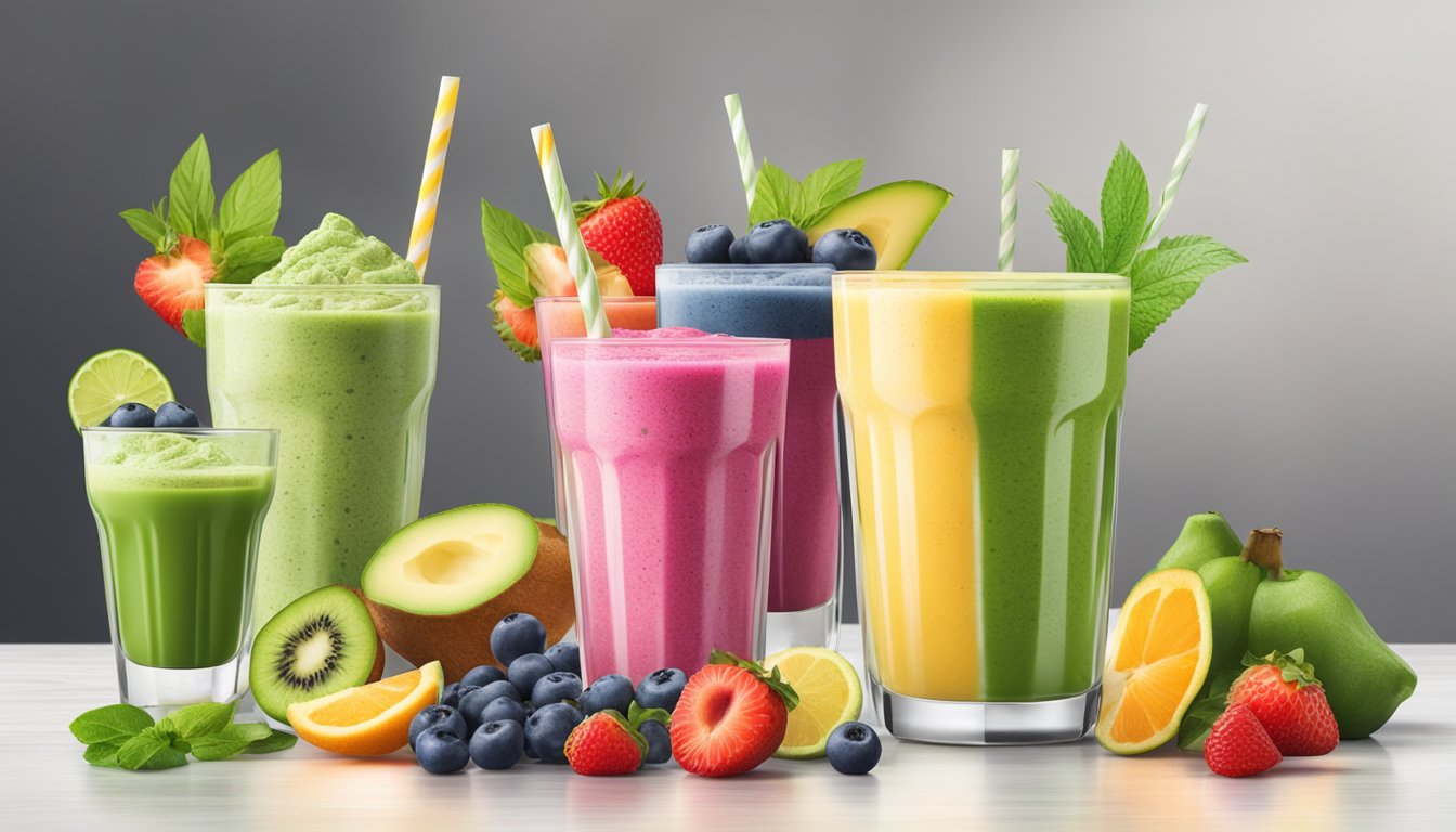 A table with 5 vibrant smoothies surrounded by ingredients like collagen, matcha, and fruits, evoking a sense of energy and vitality