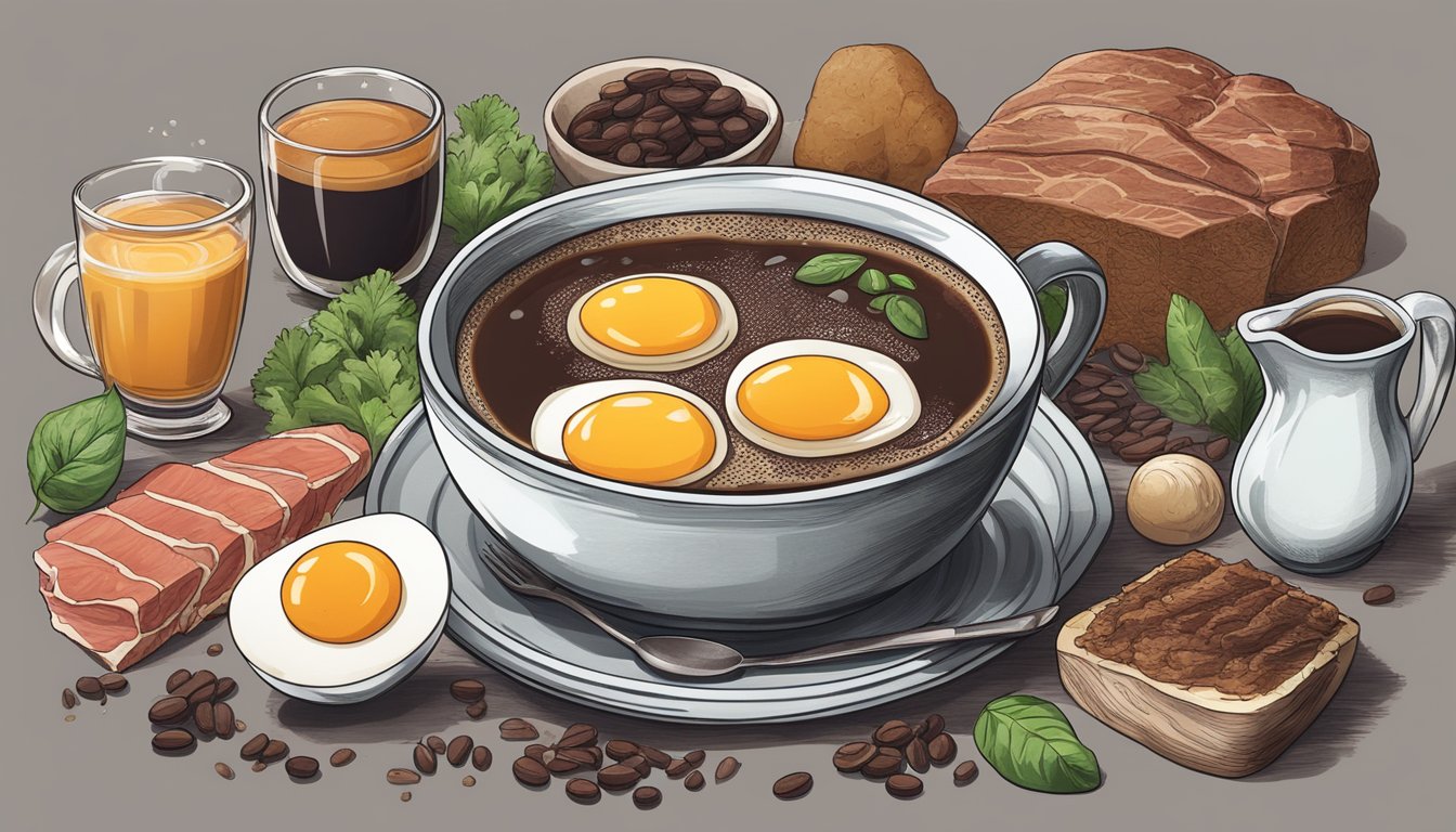 A steaming cup of black coffee surrounded by a variety of carnivore diet friendly ingredients such as meat, eggs, and bone broth