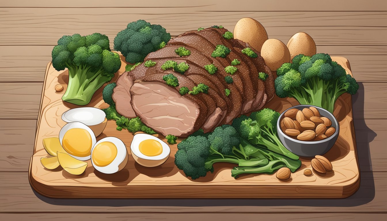 A pork shoulder surrounded by broccoli, spinach, eggs, and nuts on a wooden cutting board