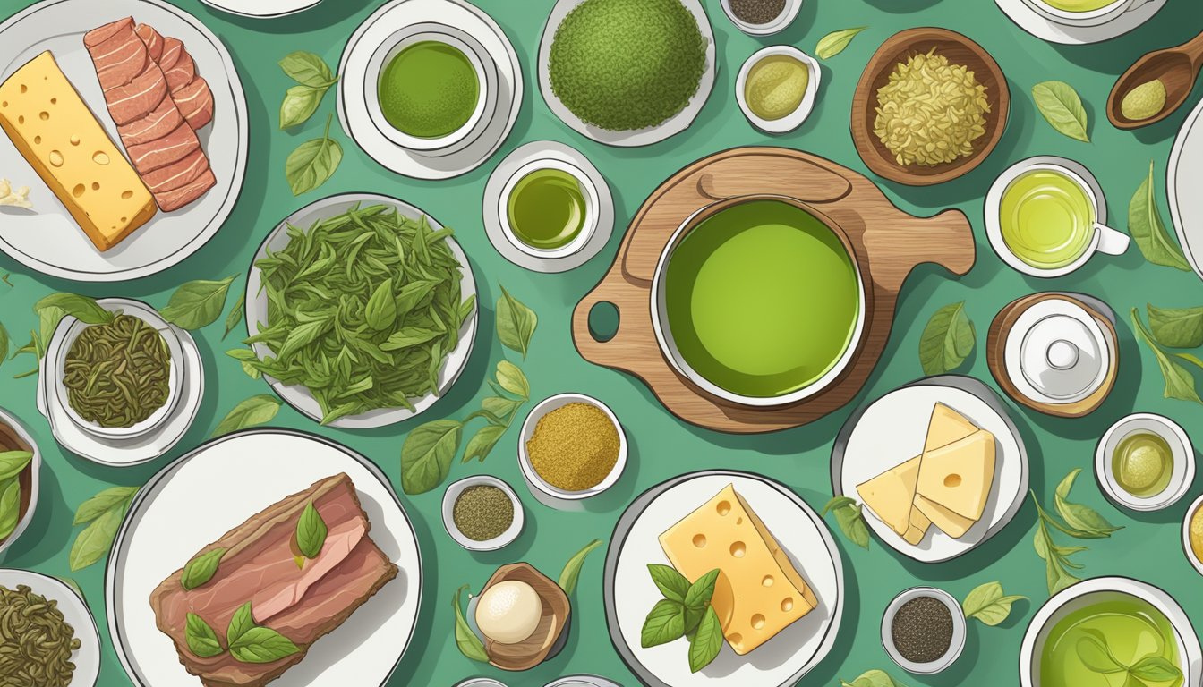 A table with five different types of green tea, surrounded by various carnivore diet friendly ingredients such as meat, eggs, and cheese, all arranged in a visually appealing manner