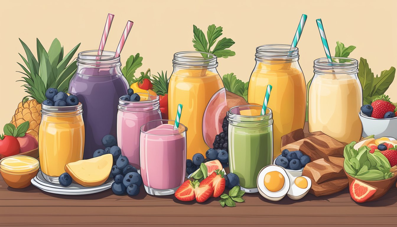 A table with five different breakfast smoothies made with carnivore diet-friendly ingredients, such as meat, eggs, and dairy, arranged with colorful garnishes and surrounded by fresh produce