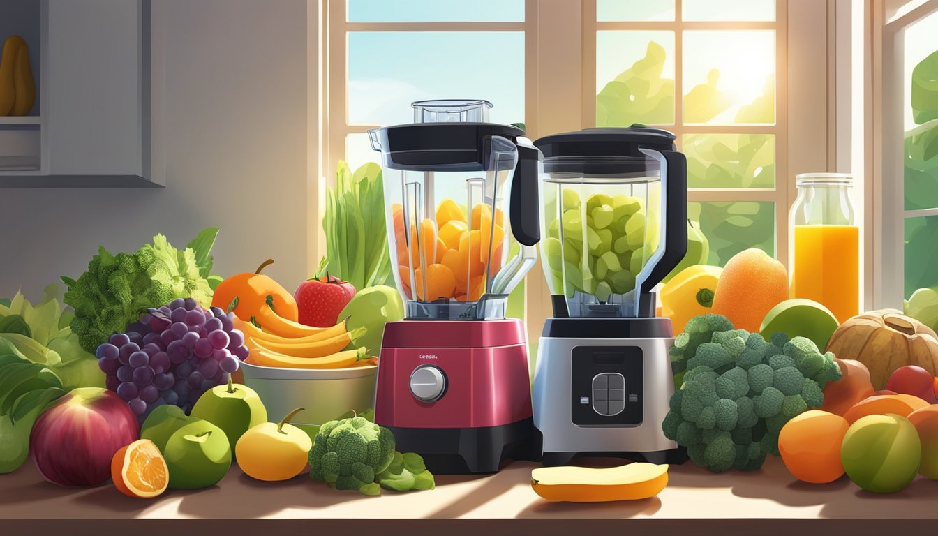 A vibrant array of fresh fruits, vegetables, and protein sources arranged around a blender, with a backdrop of morning sunlight streaming through a window