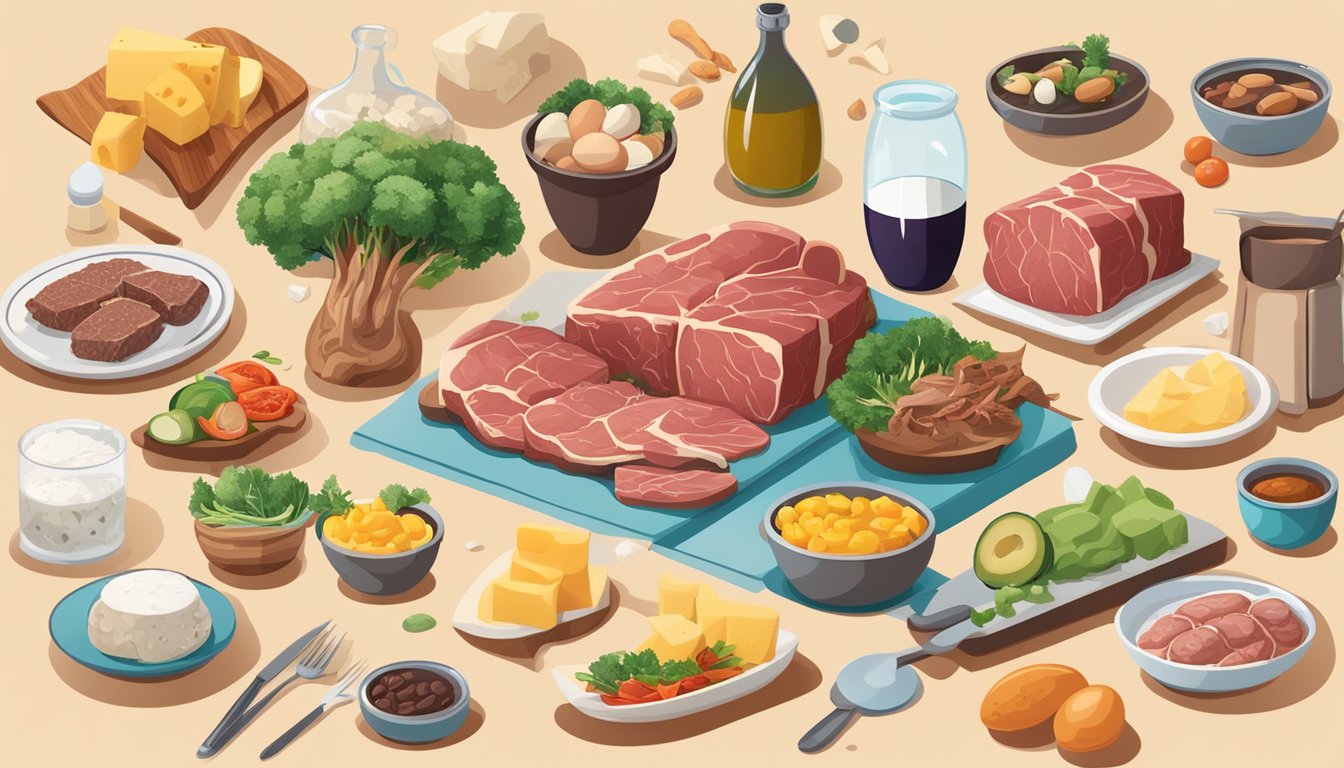 A table with a variety of carnivore diet friendly foods such as beef, eggs, liver, fish, and cheese, surrounded by images of healthy brain activities