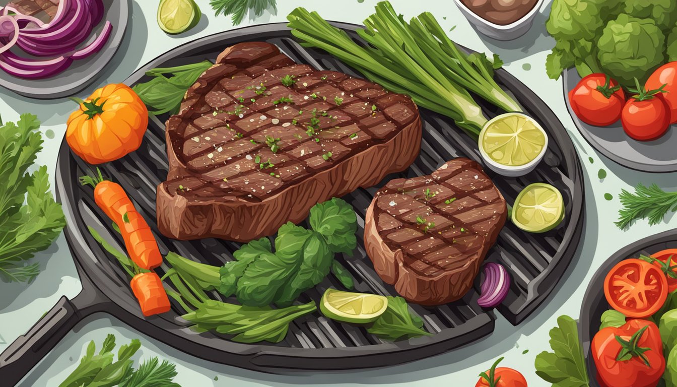 A sizzling ribeye steak on a grill surrounded by fresh vegetables and herbs