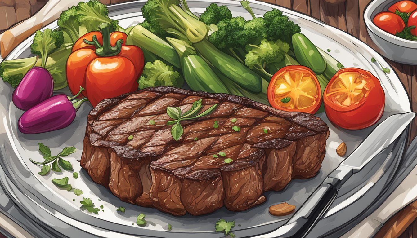 A sizzling ribeye steak on a grill surrounded by fresh vegetables and herbs, with a clear focus on the juicy, marbled meat