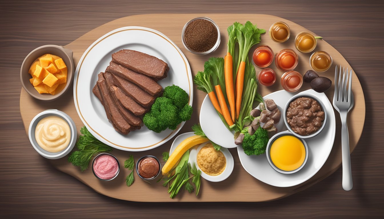 A plate of cooked beef liver surrounded by four other carnivore diet friendly foods, all arranged in an eye-catching display