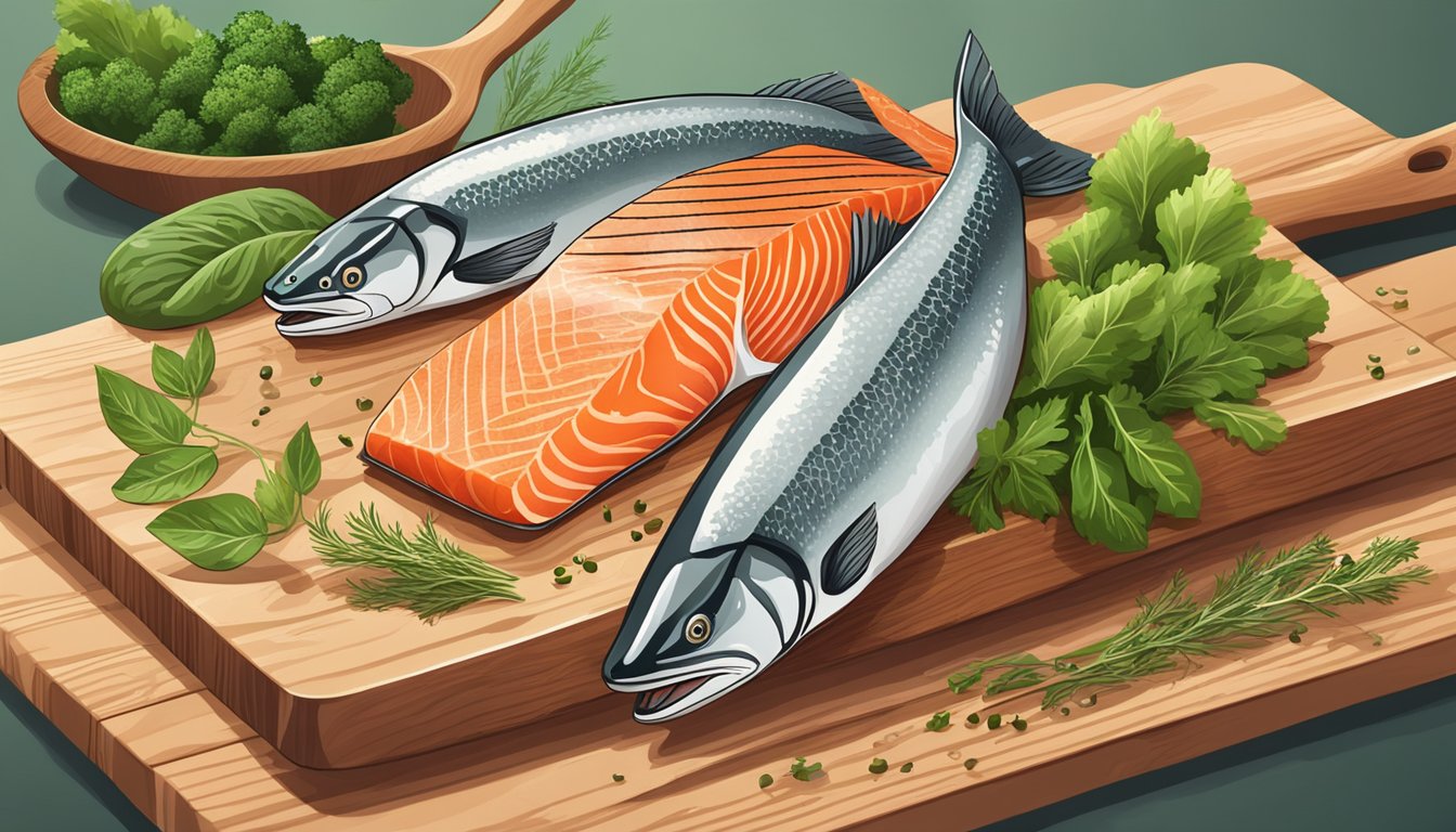 A wild-caught salmon fillet surrounded by fresh vegetables and herbs on a wooden cutting board