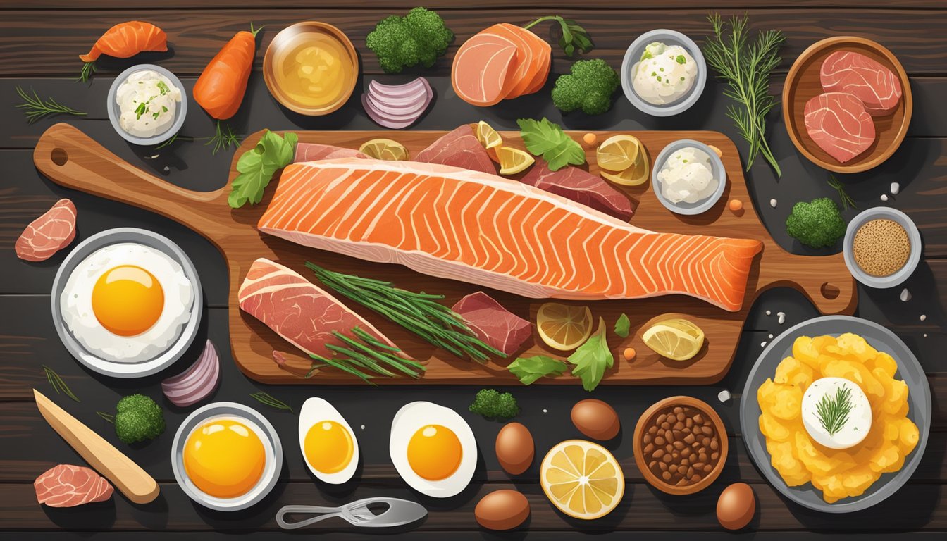 A wild-caught Alaskan salmon fillet surrounded by a variety of carnivore-friendly foods, such as eggs, beef, and organ meats, arranged on a wooden cutting board