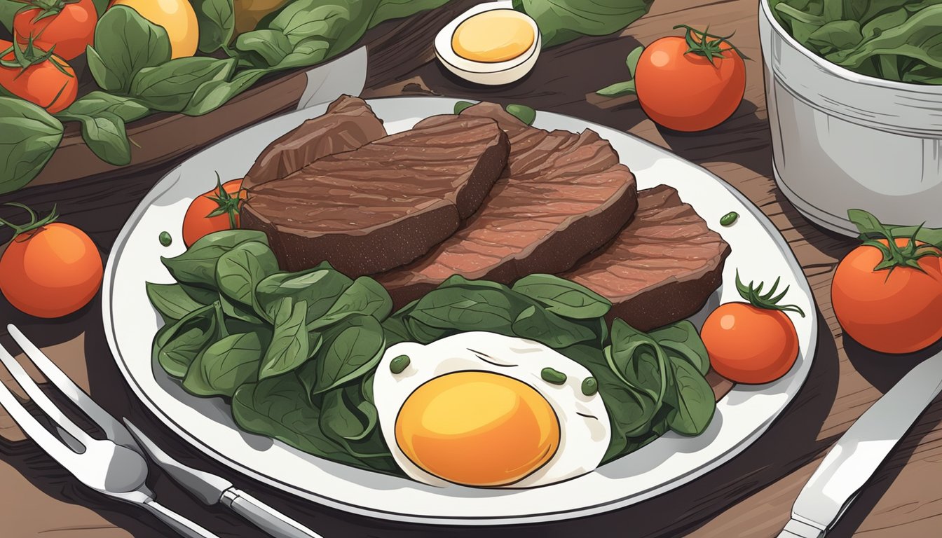 A plate of beef liver surrounded by tomatoes, spinach, salmon, and eggs