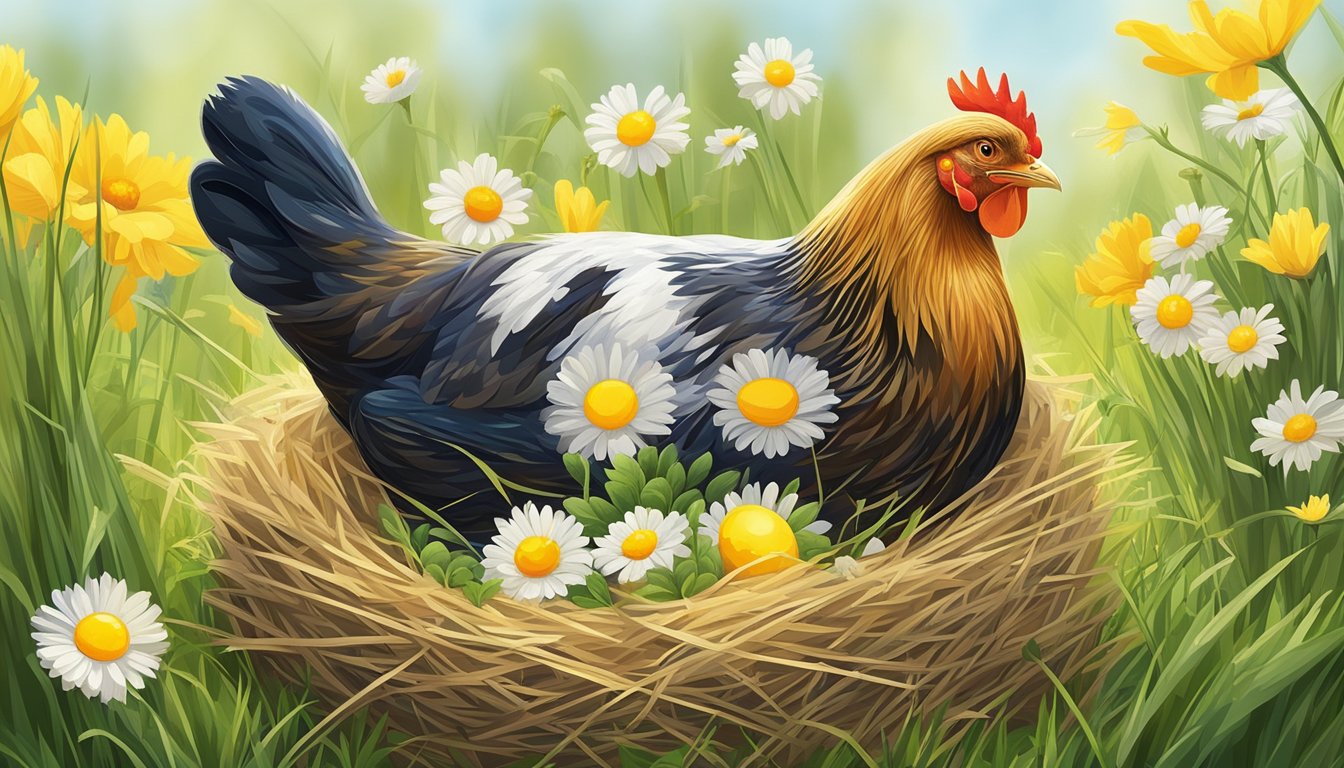 A hen sitting on a nest of straw, surrounded by lush green grass and wildflowers, with a bright yellow egg yolk in the foreground