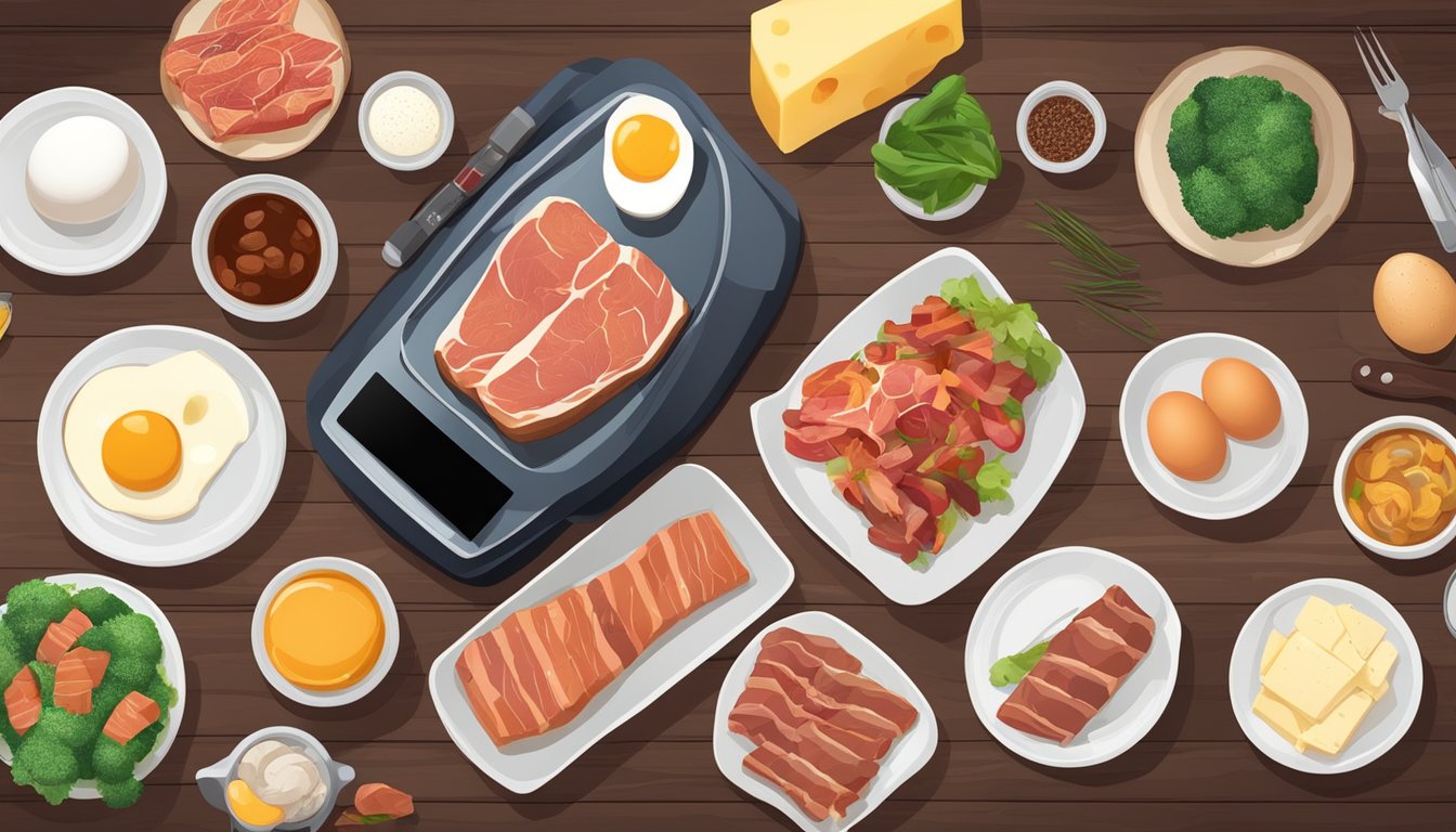 A table set with a variety of carnivore diet friendly foods, including steak, eggs, salmon, bacon, and cheese, with a blood pressure monitor nearby