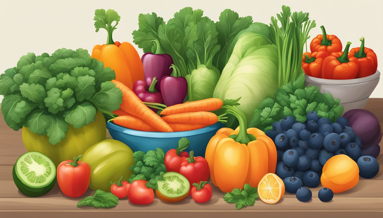 A variety of fresh and colorful fruits and vegetables arranged on a table, including carrots, kale, spinach, blueberries, and bell peppers