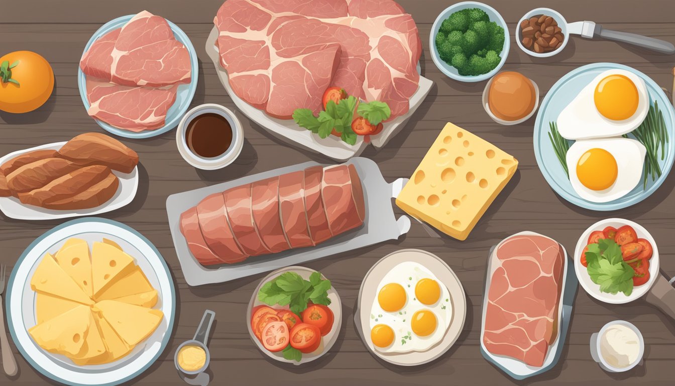 A table set with a variety of carnivore-friendly foods, such as lean meats, eggs, and cheese, alongside a blood pressure monitor