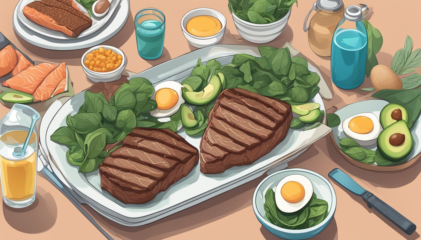 A table set with a variety of carnivore diet friendly foods, including steak, eggs, salmon, spinach, and avocado, surrounded by athletic equipment and a water bottle