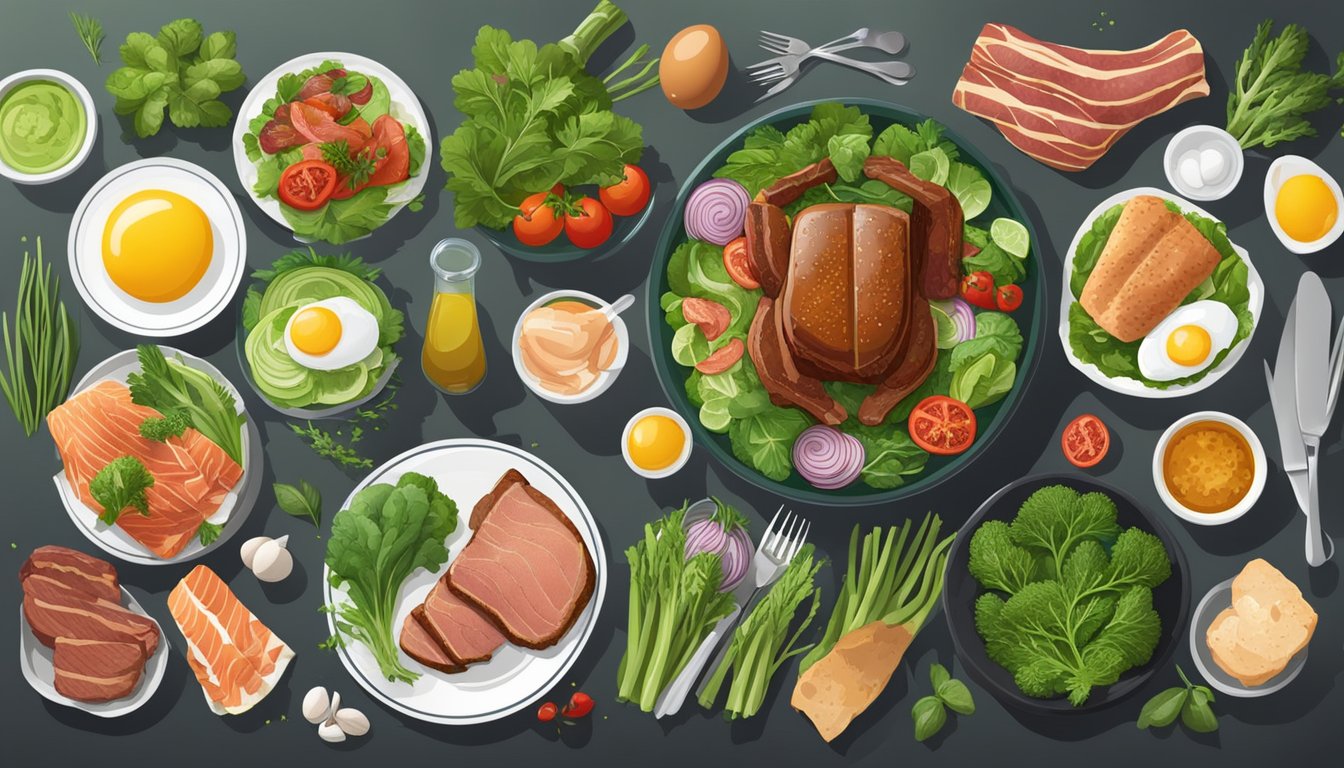 A table set with a variety of carnivore-friendly foods such as steak, eggs, salmon, bacon, and chicken, surrounded by vibrant green vegetables and herbs