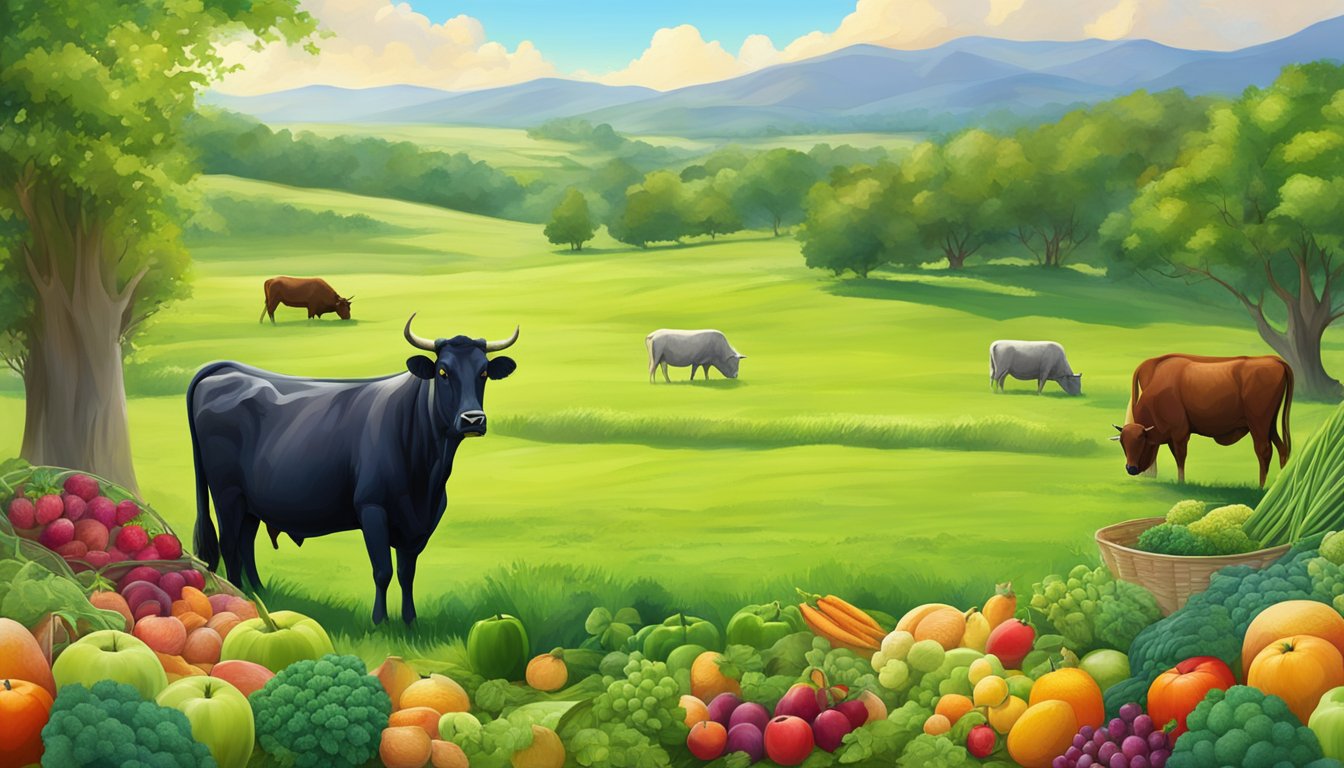 A lush green pasture with grazing grass-fed beef surrounded by colorful fruits and vegetables