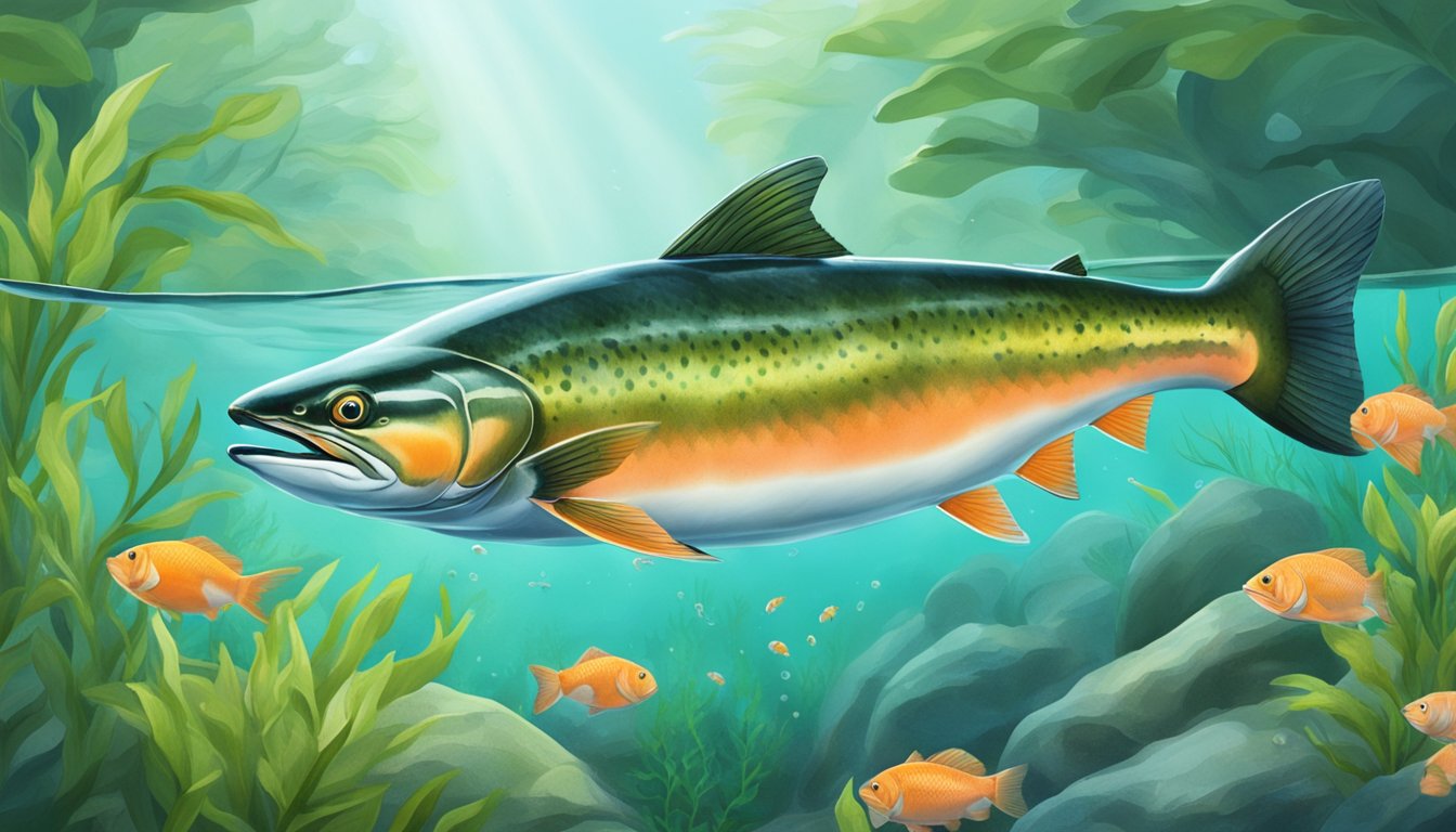 A wild-caught salmon swimming in a clear, flowing stream, surrounded by vibrant green underwater plants and a few small fish