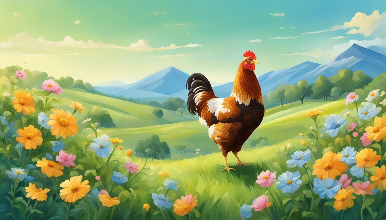 A hen standing in a green pasture, surrounded by colorful flowers and a clear blue sky