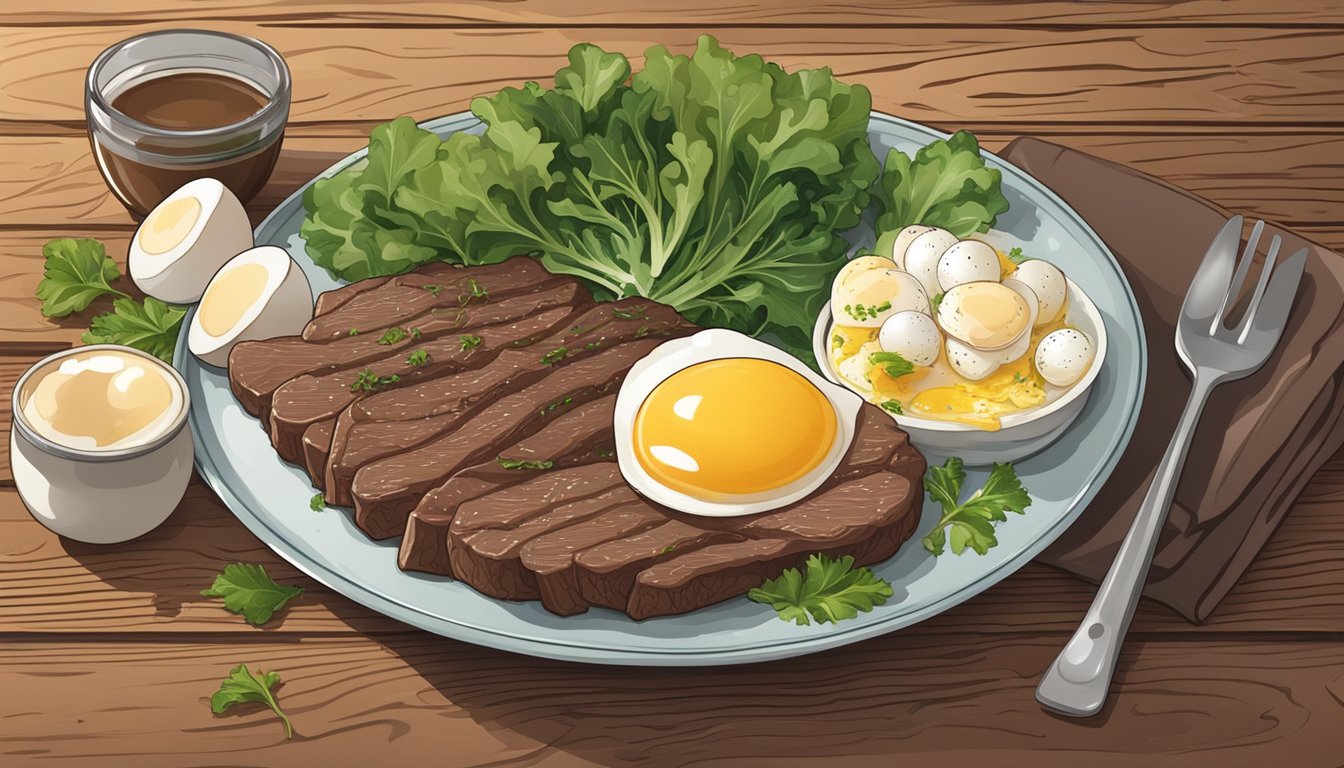 A plate of beef liver surrounded by eggs, fish, and leafy greens on a wooden table