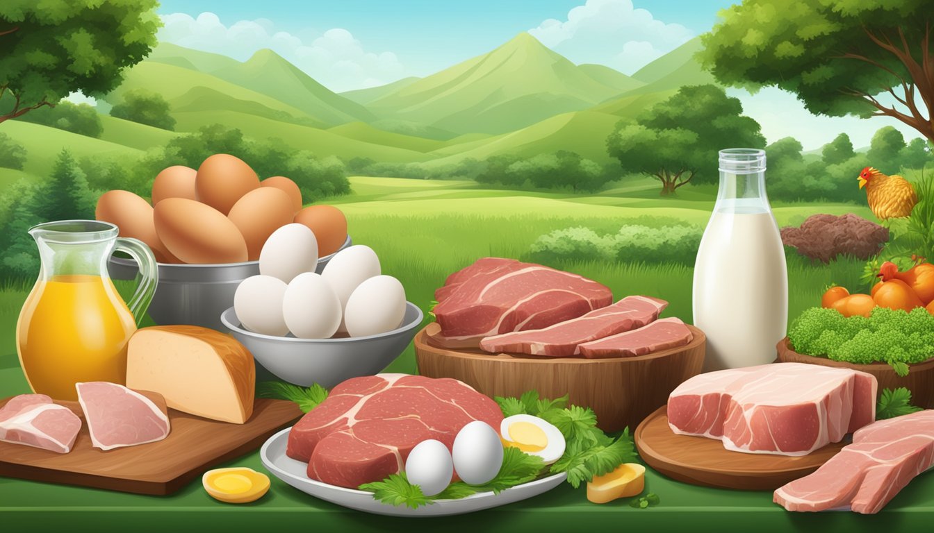 A lush green landscape with a variety of meats such as beef, chicken, fish, eggs, and dairy products arranged in an inviting display