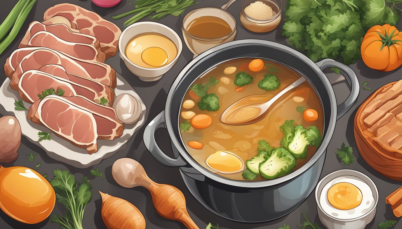 A simmering pot of bone broth surrounded by fresh meat, eggs, and vegetables