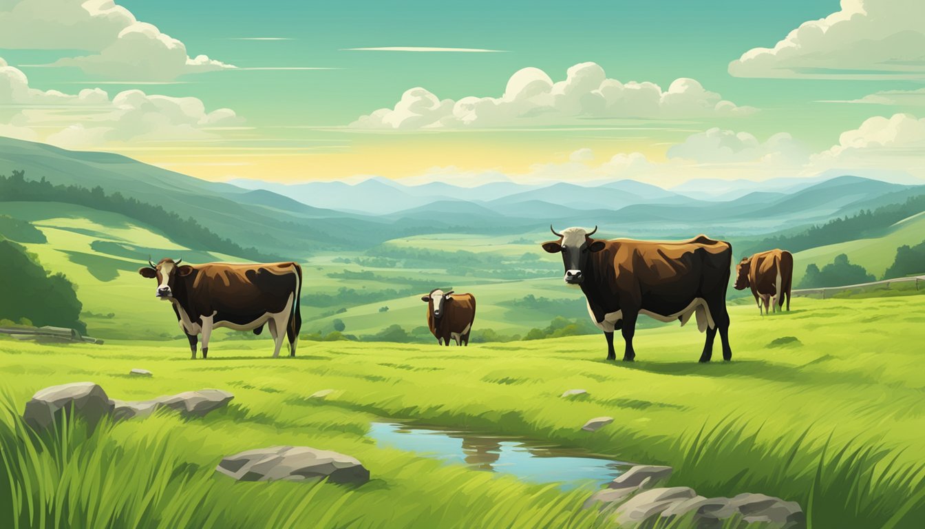 A lush green pasture with grazing cattle, emphasizing the natural, grass-fed diet of the beef