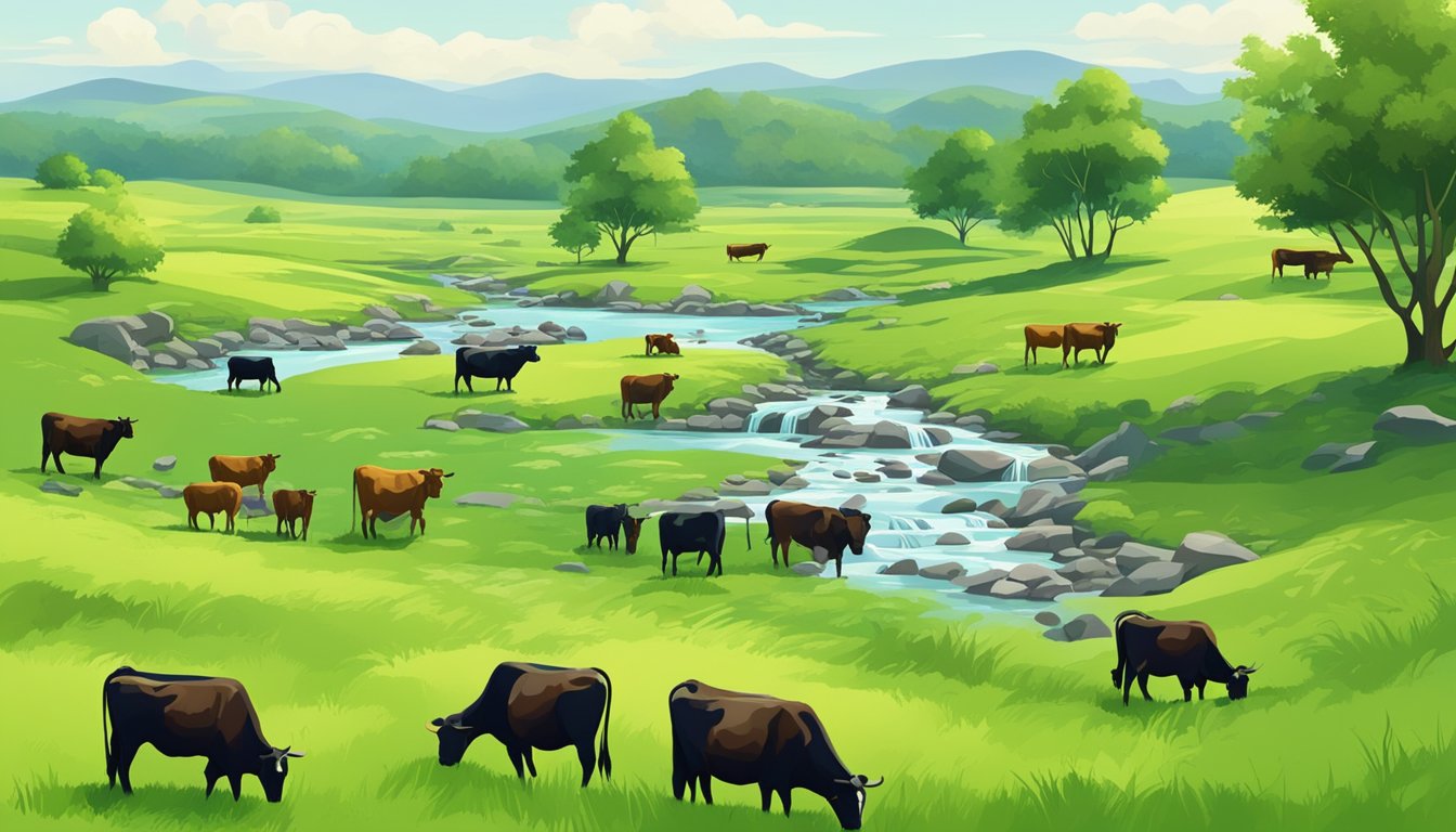 A lush green pasture with a grazing herd of cattle, surrounded by clear, flowing streams and vibrant vegetation