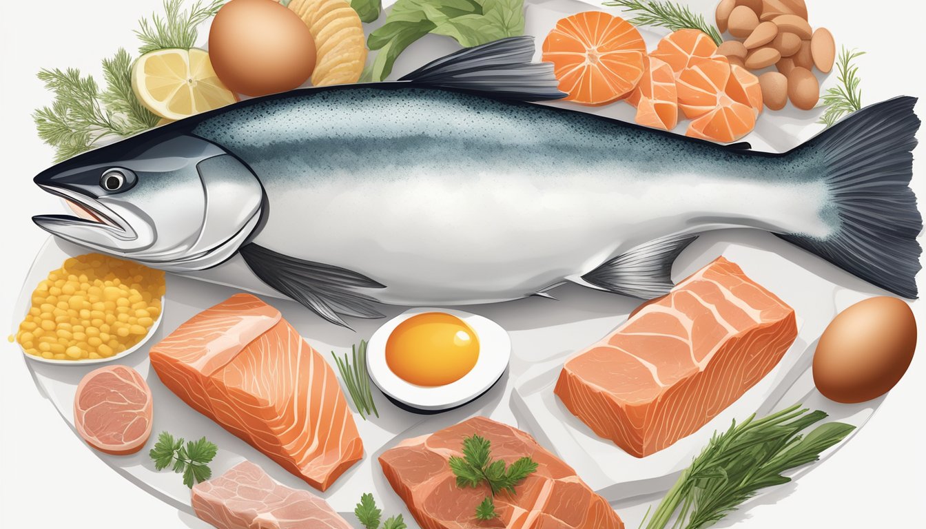 A wild-caught salmon surrounded by other carnivore diet-friendly foods, such as eggs, beef, and chicken liver, arranged on a clean, white surface