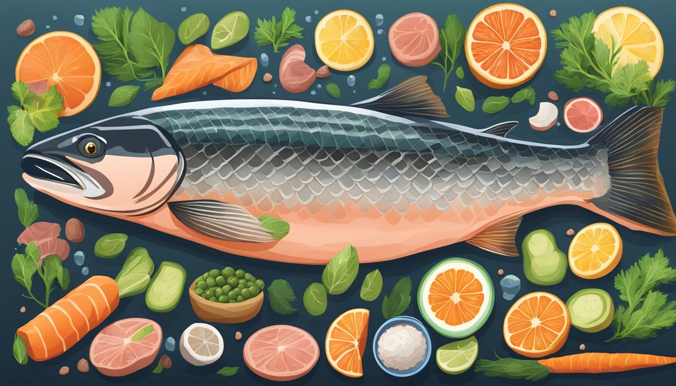 A salmon swimming among a variety of carnivore diet-friendly foods, including meat, fish, and vegetables, surrounded by a refreshing water source