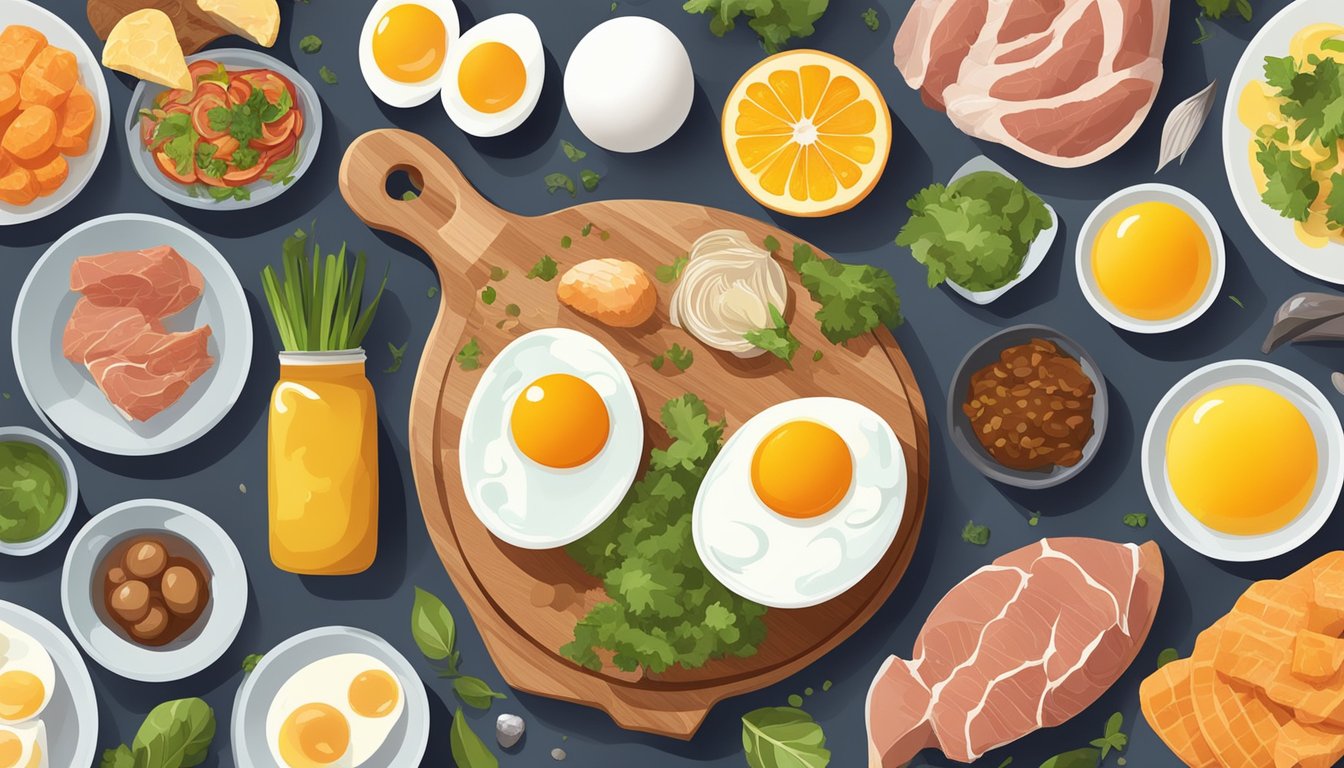 Five egg yolks surrounded by a variety of carnivore diet friendly foods, such as meat and fish, displayed on a table