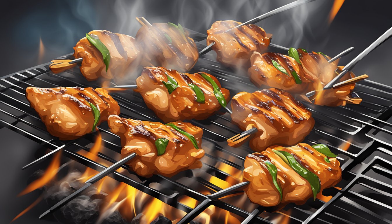 Grilled chicken thigh skewers sizzling on a smoky barbecue grill