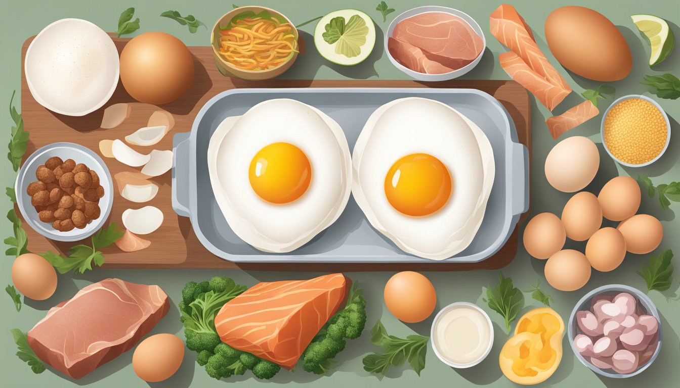 A carton of free-range eggs surrounded by kidney-friendly foods like lean meats, fish, and fresh vegetables