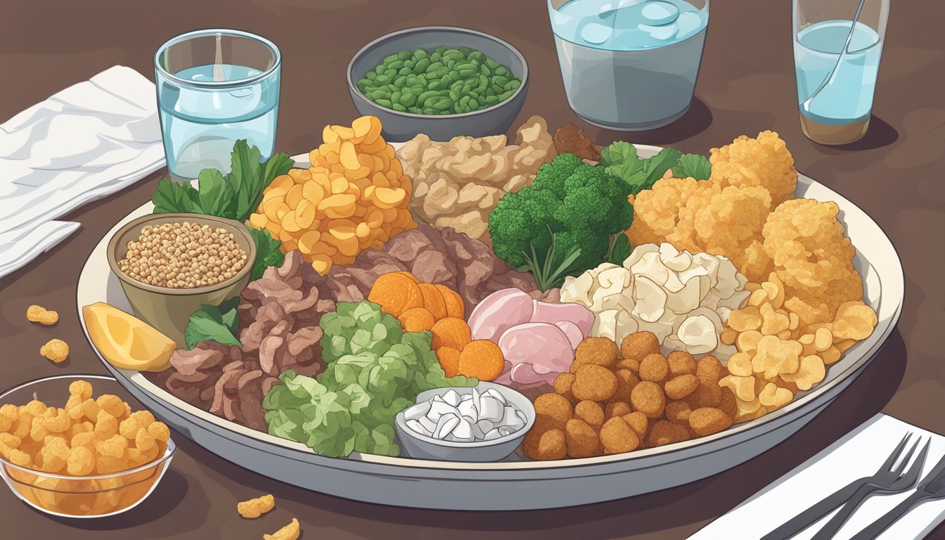 A bowl of pork rinds surrounded by a variety of carnivore diet friendly foods, with a glass of water nearby for hydration