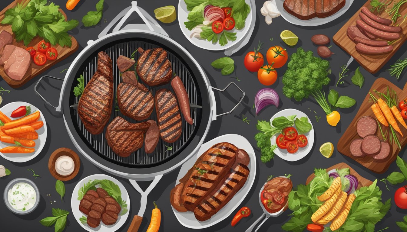 A grill sizzling with juicy steaks, ribs, and sausages surrounded by fresh vegetables and herbs. Smoke rises as the meat cooks to perfection