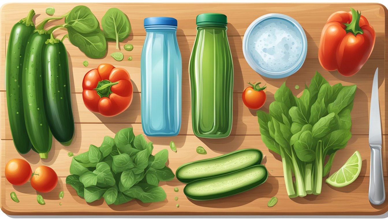 A variety of hydration-rich foods such as cucumbers, tomatoes, bell peppers, celery, and spinach arranged on a wooden cutting board