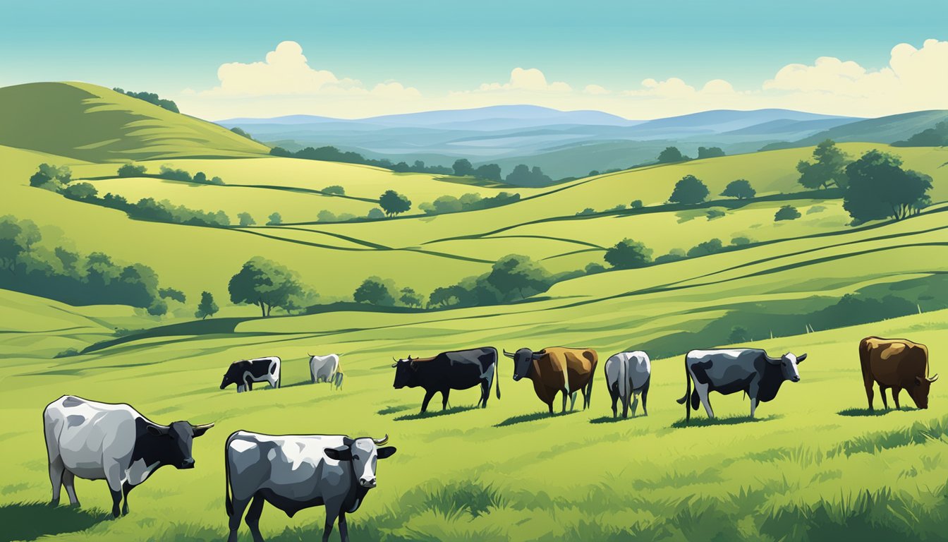 A serene pasture with grazing cattle, surrounded by rolling hills and a clear blue sky