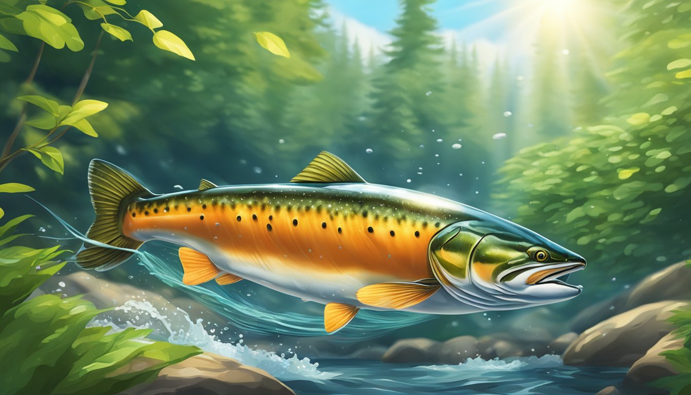 A wild-caught salmon swimming gracefully through a clear, flowing stream, surrounded by lush greenery and sunlight filtering through the water