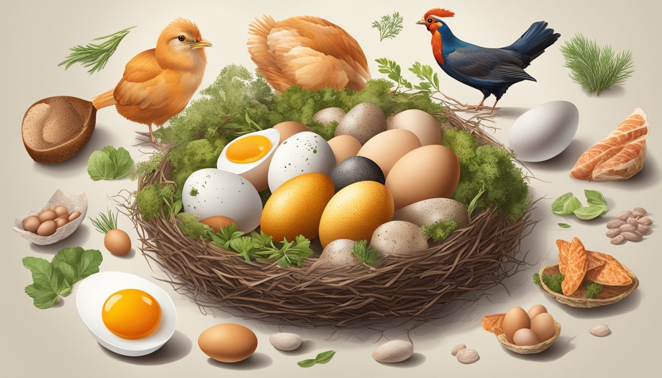 A nest of free-range eggs surrounded by a variety of carnivore diet-friendly foods, such as meat and fish, arranged in a natural setting