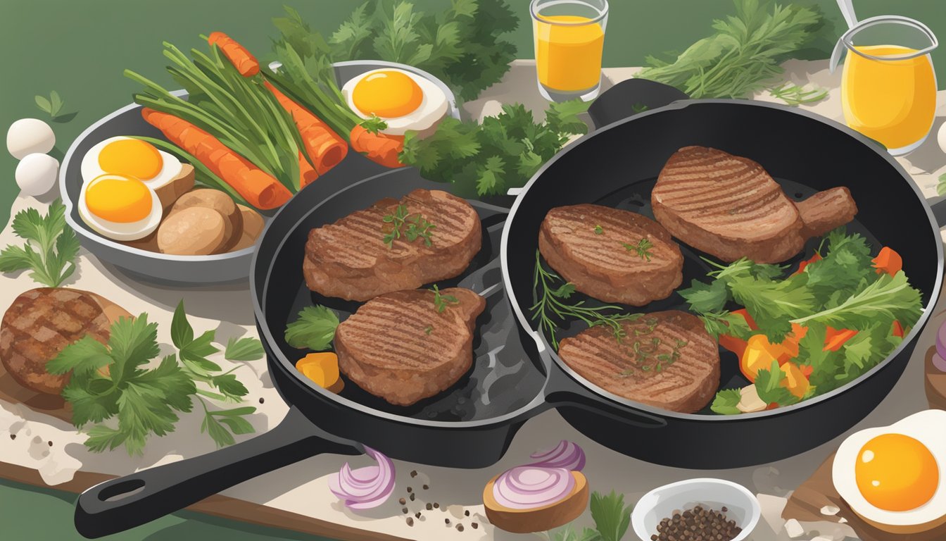 A sizzling skillet with seared meats, eggs, and vegetables cooking in duck fat, surrounded by fresh herbs and spices