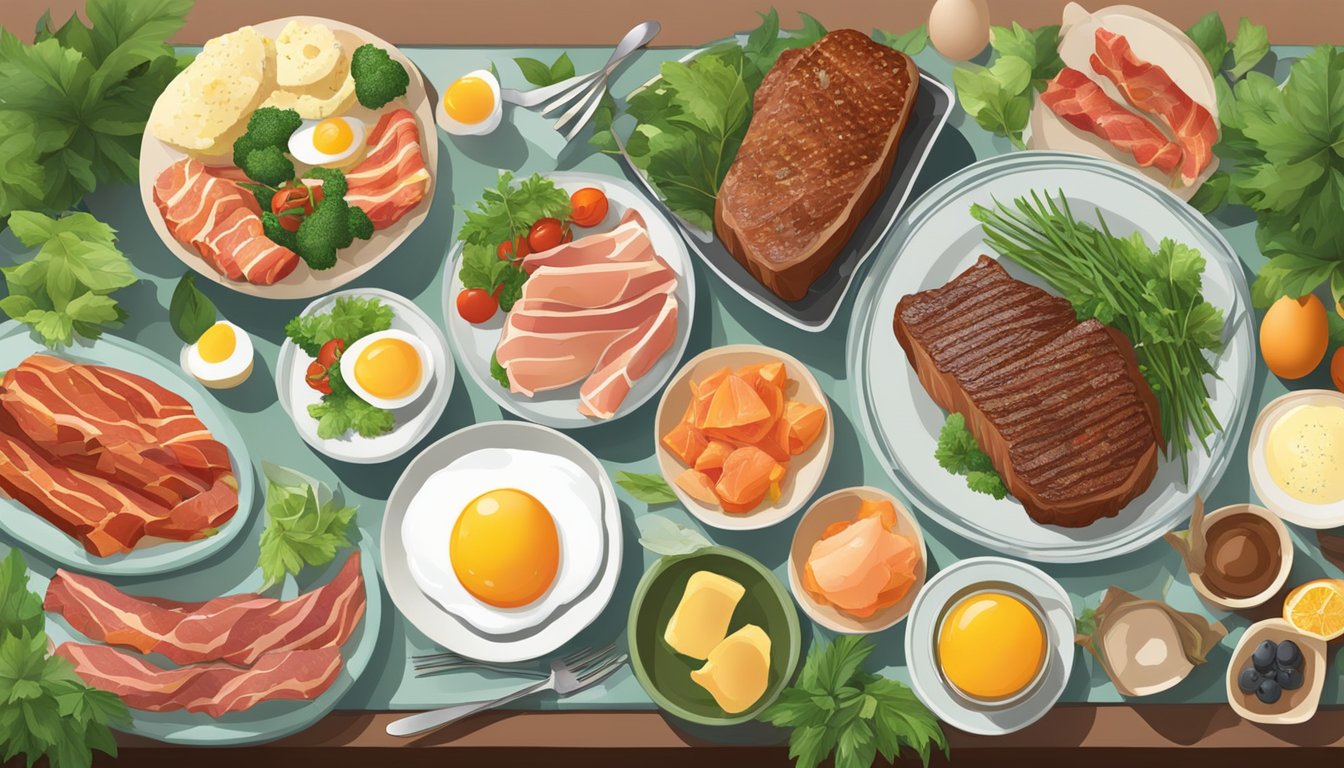 A table with a variety of foods including steak, eggs, bacon, and salmon, surrounded by lush greenery and a serene, peaceful atmosphere