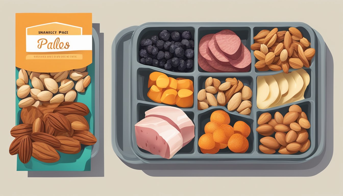 A variety of Paleo meats, nuts, and dried fruits arranged in a travel-friendly snack pack