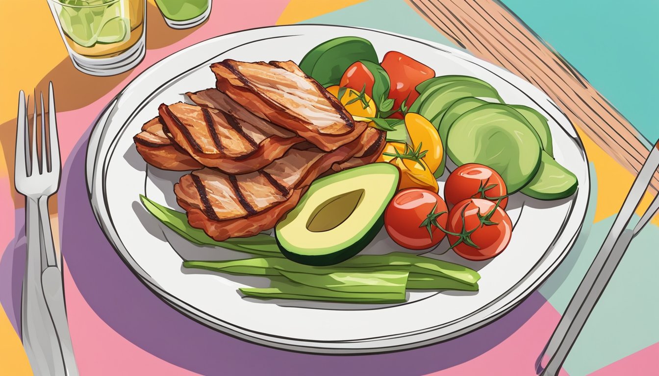 A lunch plate with bacon-wrapped avocado, cherry tomatoes, cucumber slices, and grilled chicken strips on a colorful background