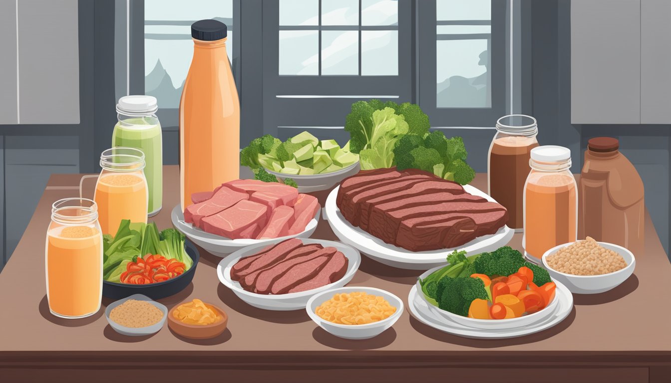 A table set with 5 bottles of Equip Foods Beef Protein Shake surrounded by fresh, raw meat and vegetables