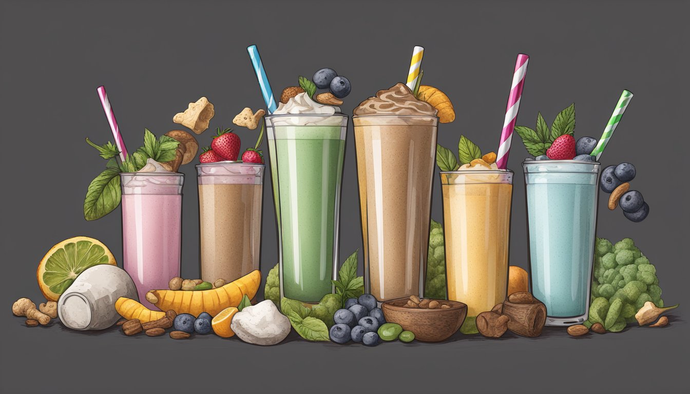 A group of 5 different flavored meal replacement shakes surrounded by ancient artifacts and bones, symbolizing the carnivore diet-friendly aspect of the product