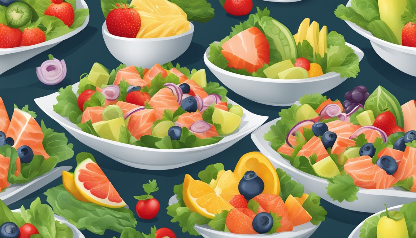 A colorful array of salmon salad cups surrounded by vibrant fruits and vegetables