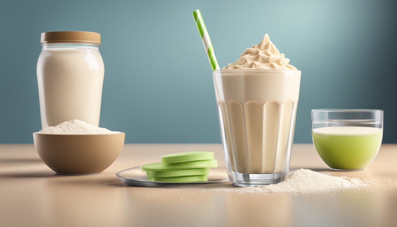 A glass filled with a creamy shake surrounded by collagen and whey protein powder, with a stack of meal replacement shake containers in the background