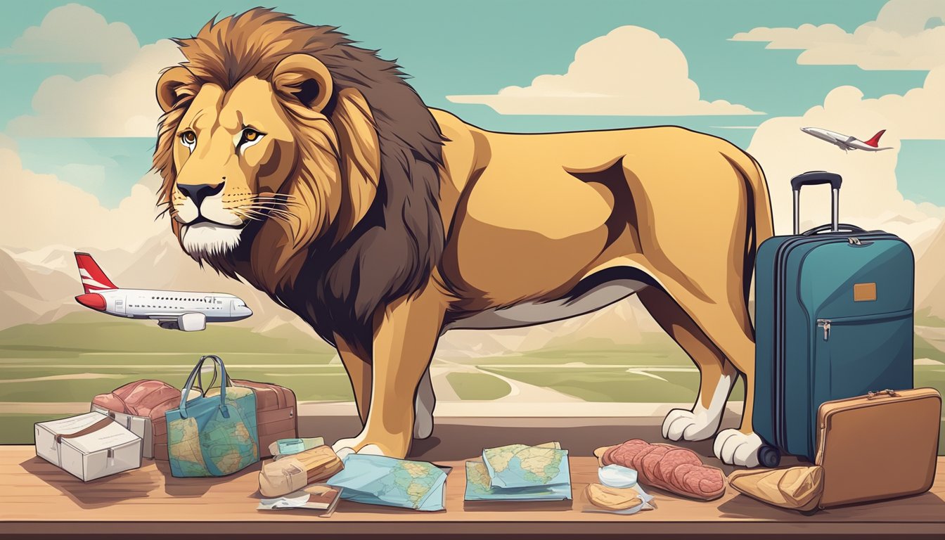 A lion receiving a delivery of raw meat in a travel-friendly package, surrounded by travel essentials like a map, passport, and suitcase