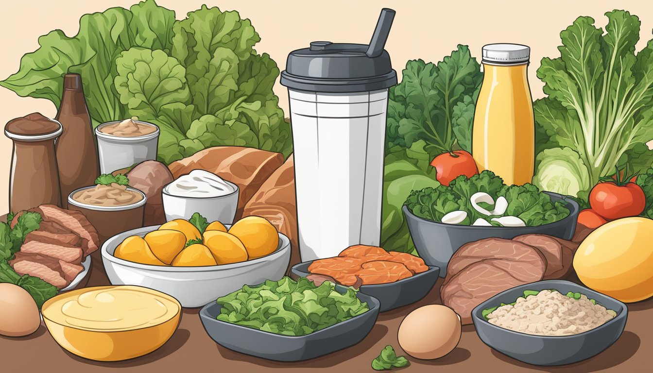 A table set with 5 Keto Chow Meal Replacement Shake bottles, surrounded by fresh, high-quality ingredients like meat, eggs, and leafy greens