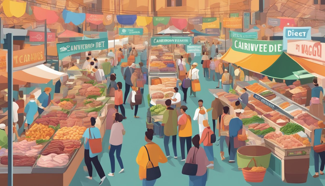 A bustling market with various meats on display, surrounded by colorful signs advertising "carnivore diet hacks for traveling"