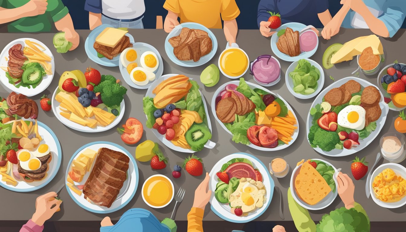 A group of children happily eating a variety of carnivore diet friendly lunch options, including grilled meats, eggs, and cheese, surrounded by colorful fruits and vegetables